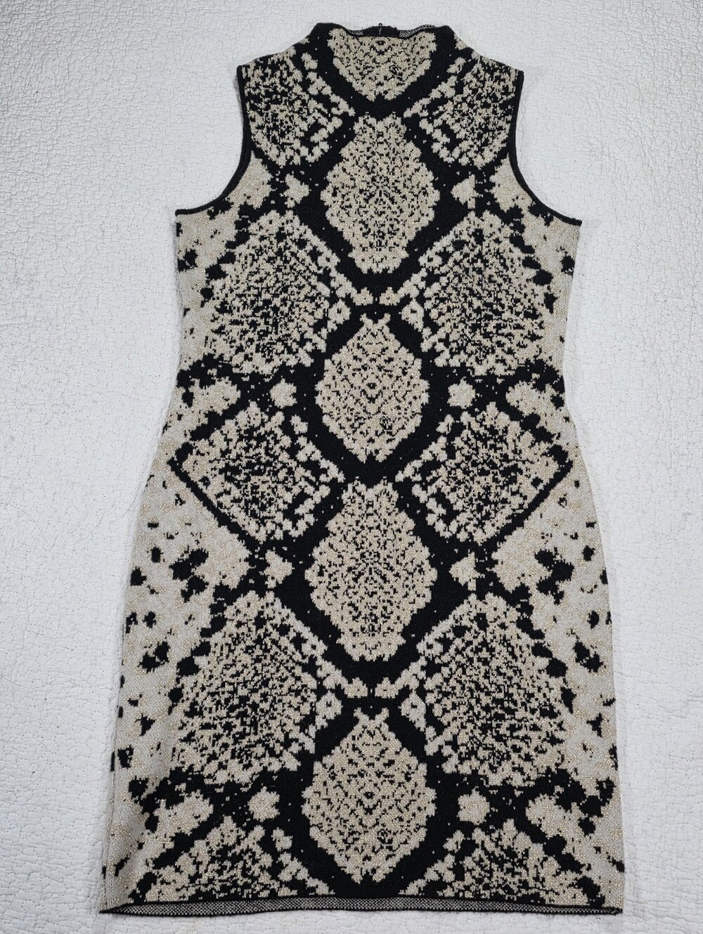 Tahari Black Cream and Gold Snakeskin Print Knit Sleeveless Dress
